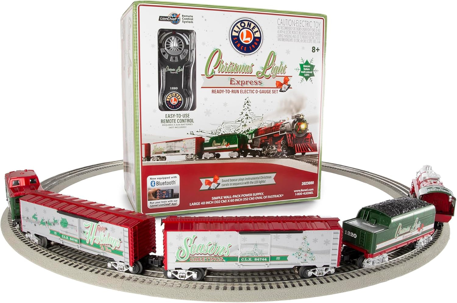 Lionel Christmas Light Express Lionchief 5.0 Electric O Gauge Train Set with Bluetooth Connectivity and Remote Control