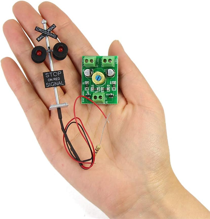 JTD876RP HO Scale Railroad Train/Track Crossing Sign Set with 4 LED Heads and Circuit Board Flasher - Flashing Red Train Signal Lights for Decoration and Events