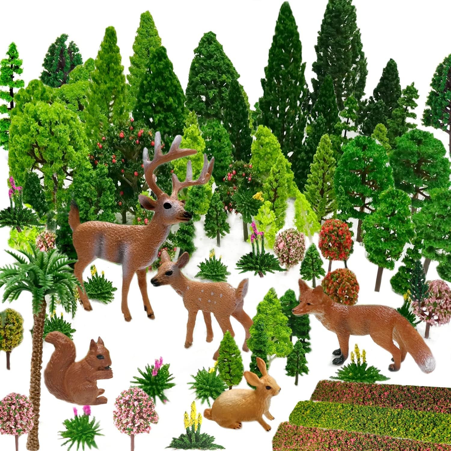Mixed Model Trees Set, 70 Pieces, 1.5-6 Inches (4-16 Cm), HO Scale Bushes with Animal Figures, Plastic Trees for Model Train Scenery and Projects