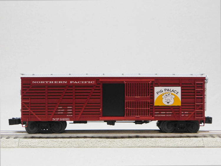 O gauge VISIONLINE Northern Pacific Stock Car 3-pack by BYMRR Train Store, detailed model train cars on a track