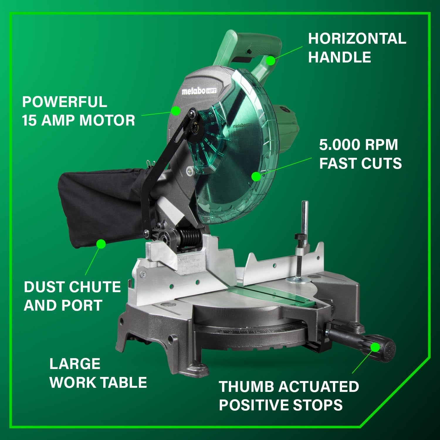 10-Inch Compound Miter Saw with 15-Amp Motor, Precision Miter Angles, Single Bevel 0-45°, 24T TCT Blade, Positive Stops, Lightweight Design, Model C10FCGS