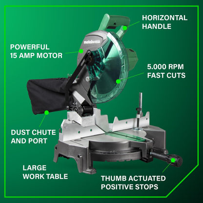 10-Inch Compound Miter Saw with 15-Amp Motor, Precision Miter Angles, Single Bevel 0-45°, 24T TCT Blade, Positive Stops, Lightweight Design, Model C10FCGS