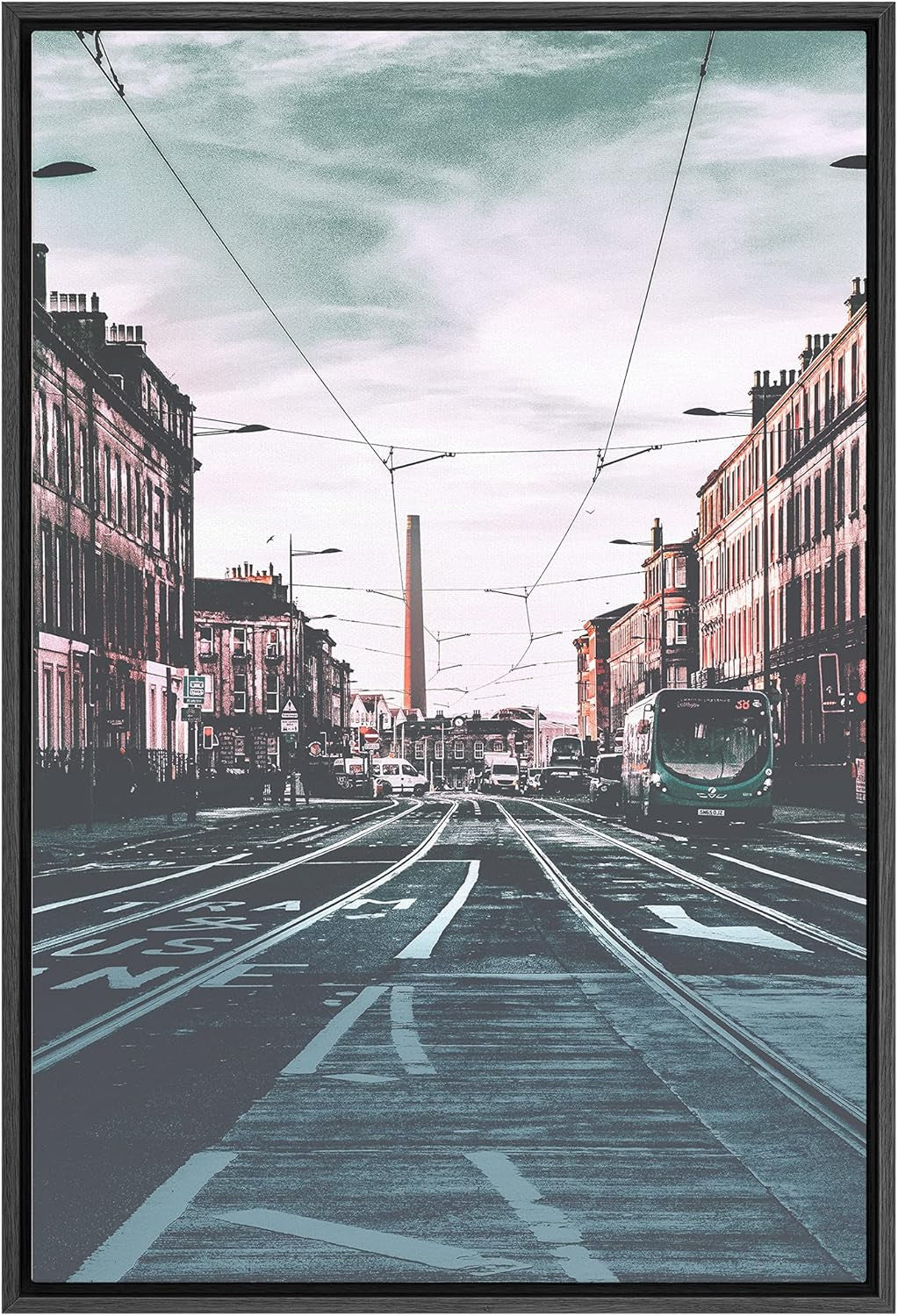 Framed Canvas Print Wall Art Trains between Skyscrapers Places Cityscape Photography Modern Art Bohemian Scenic Colorful Multicolor Ultra for Living Room, Bedroom, Office - 16"X24" BLACK