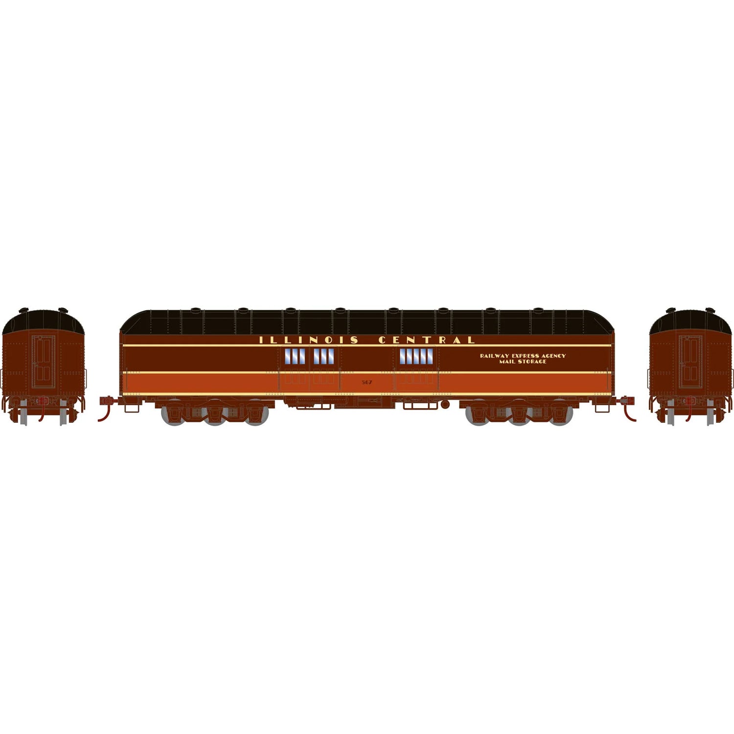 HO scale Illinois Central baggage car with arch roof, ready-to-roll model by BYMRR Train Store, detailed train accessory.
