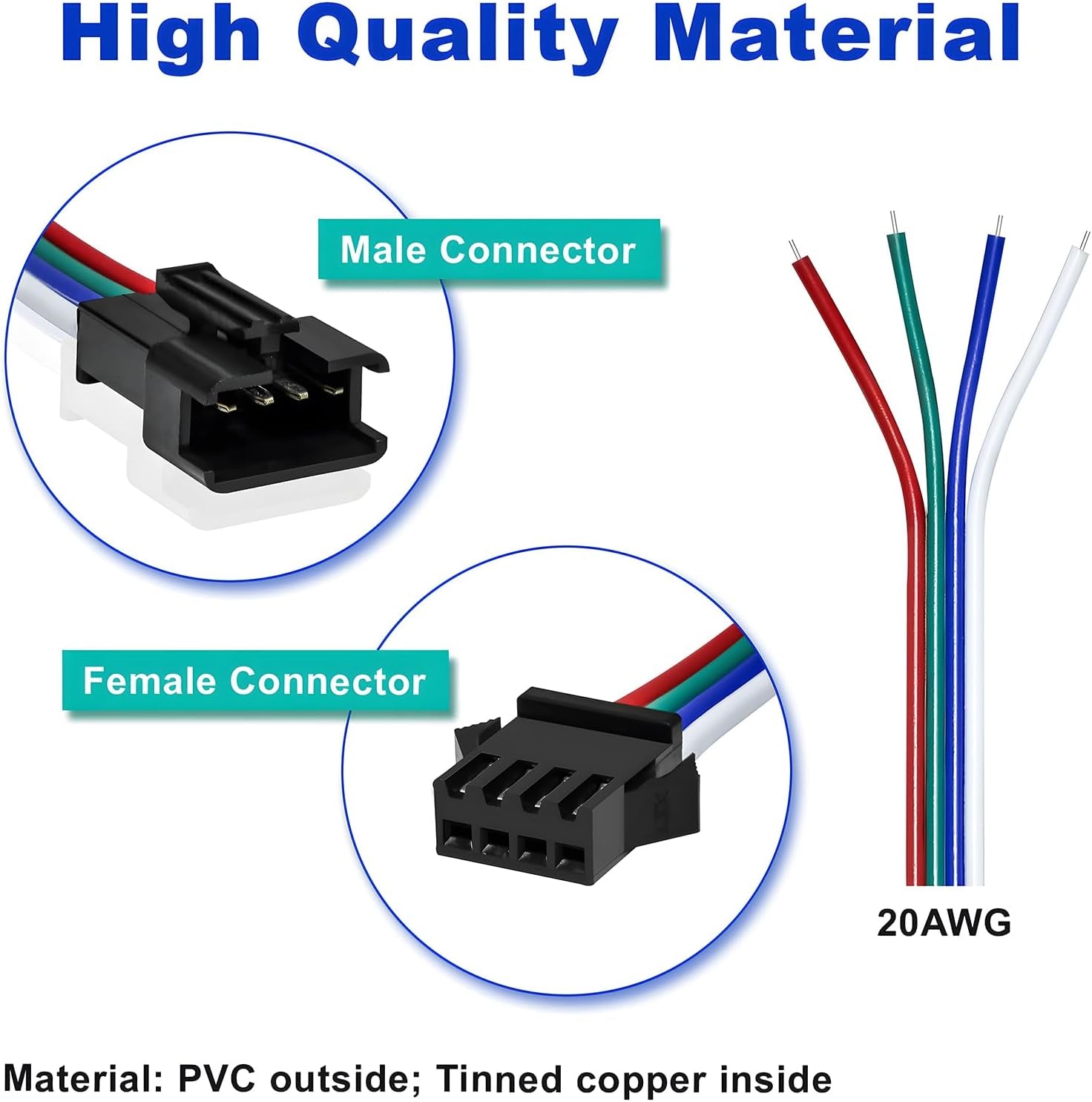 30 Pairs of JST SM 4-Pin Connectors (Female/Male) with 20AWG Wire and 15Cm Cable for LED Strip RGB 5050, 3528, WS2801, APA02, WS2813, WS2815