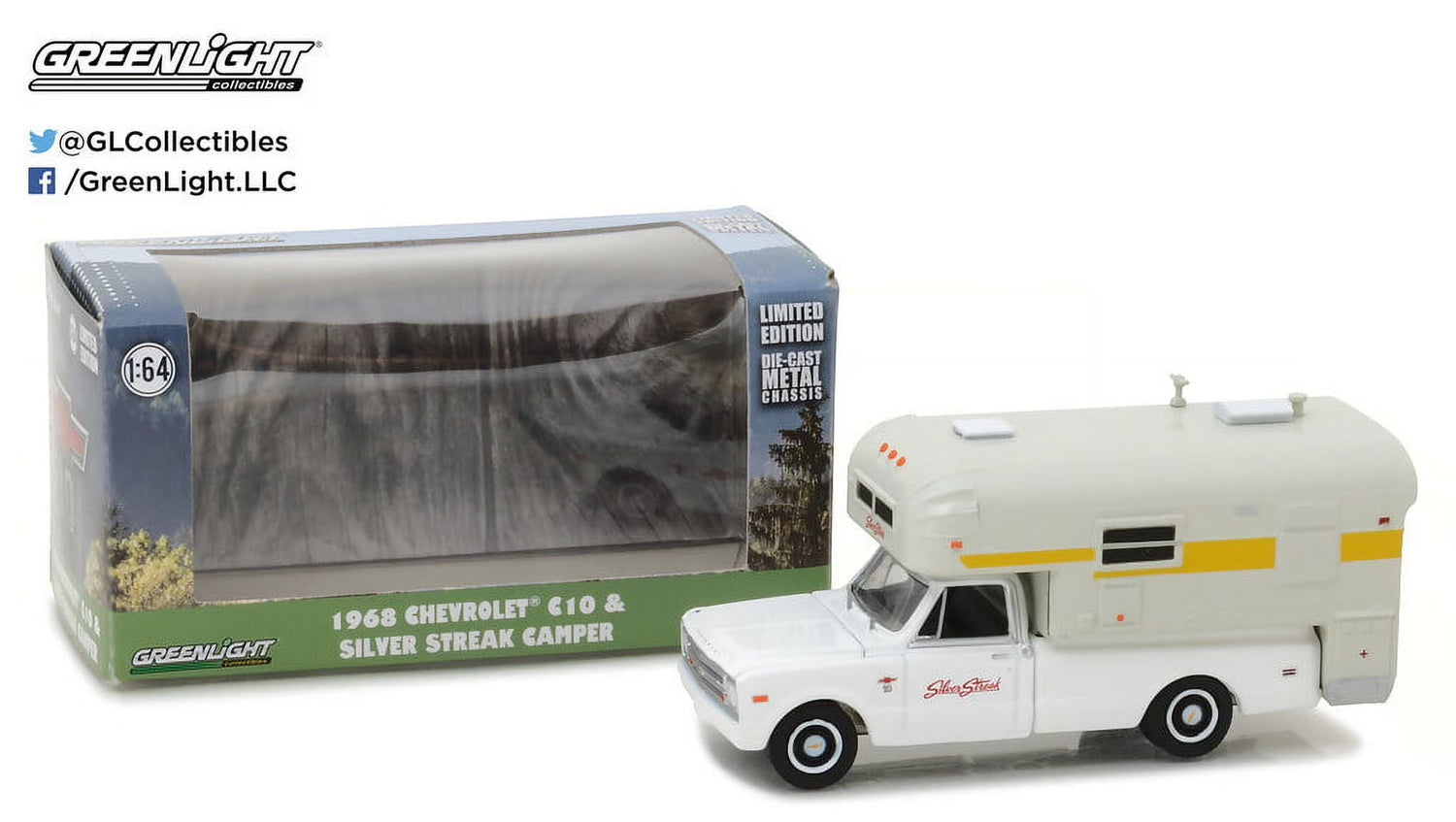 1968 Chevrolet C10 diecast model truck with Silver Streak camper, 1/64 scale, detailed collectible from BYMRR Train Store.