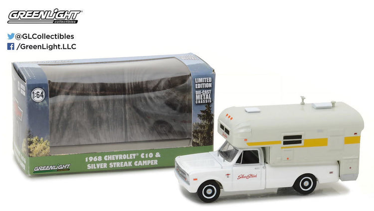 1968 Chevrolet C10 diecast model truck with Silver Streak camper, 1/64 scale, detailed collectible from BYMRR Train Store.