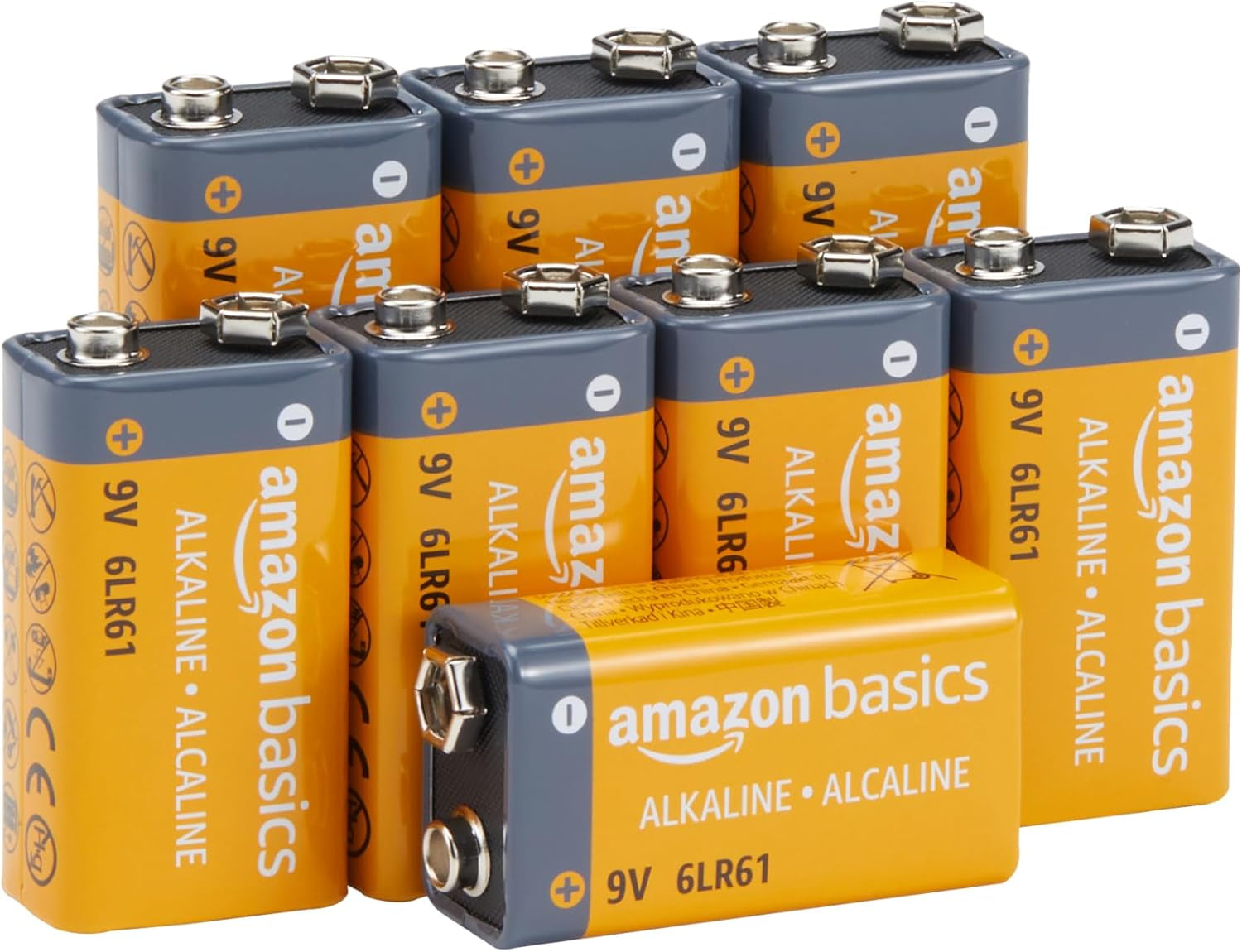 Amazon Basics 8-Pack 9V Alkaline Batteries, 5-Year Shelf Life - for Smoke/Co Detector, Electronics & Audio