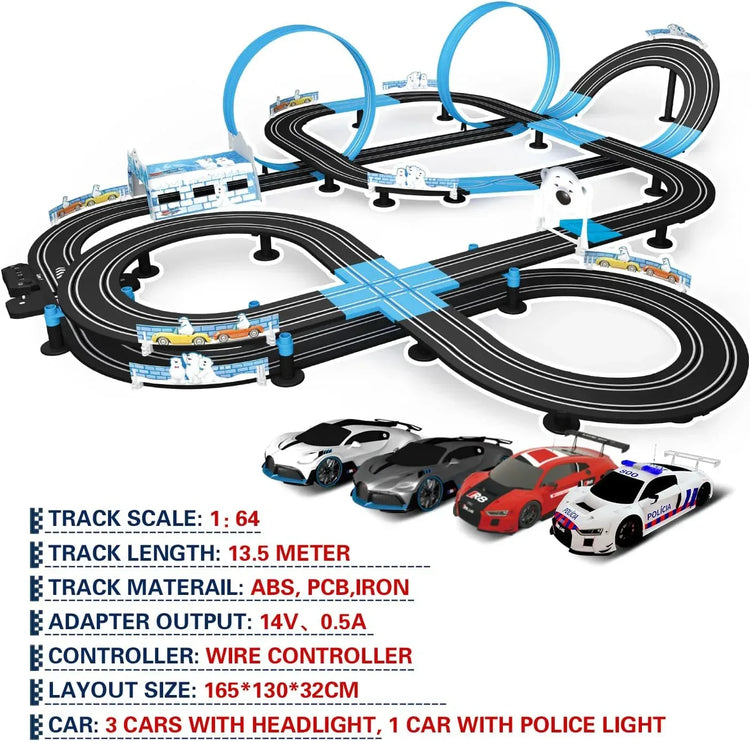 SHANTOU CHENGHAI YINGBAO high-speed dual track slot car racing set with 4 licensed vehicles on a detailed racing track.