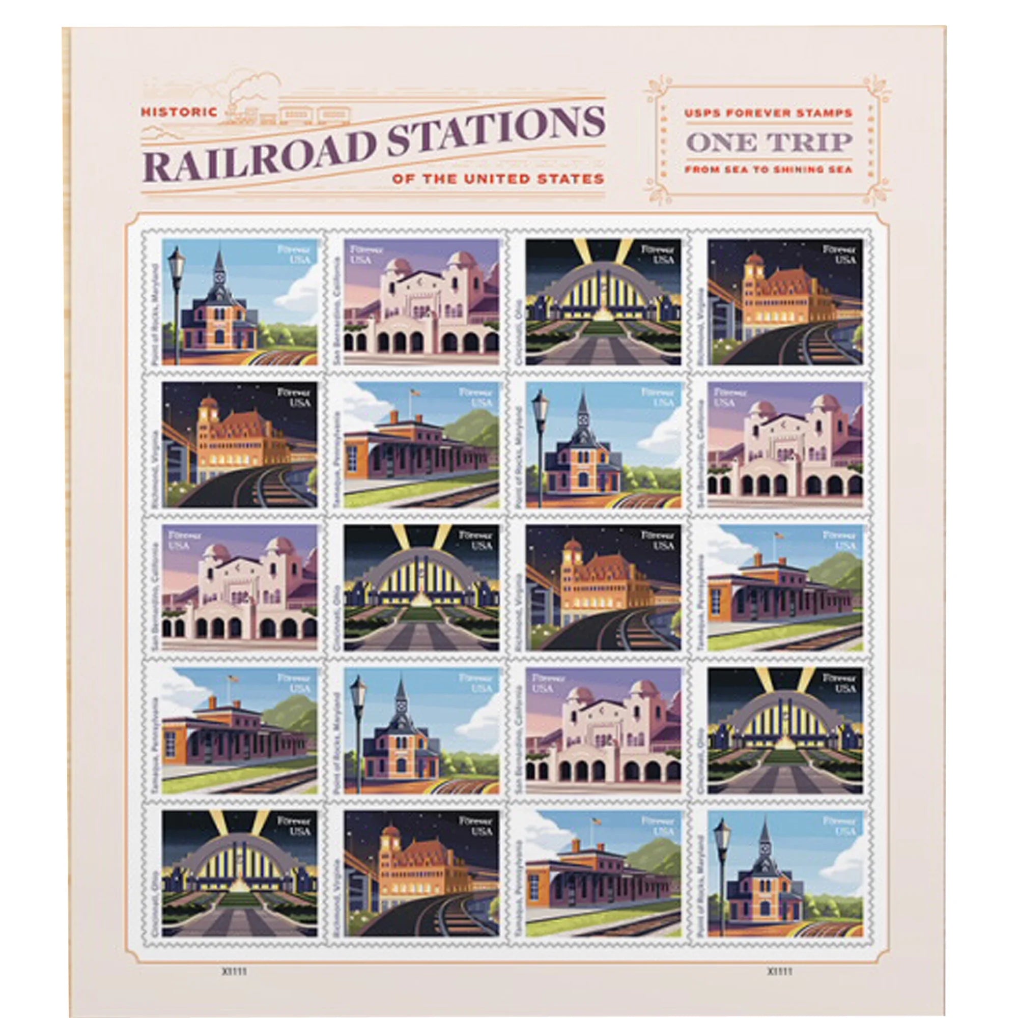 Railroad Stations  Forever Postage Stamp 1 Sheet of 20 US First Class Postal America Landscape Train Birthday Anniversary Wedding Celebrate Party (20 Stamps)