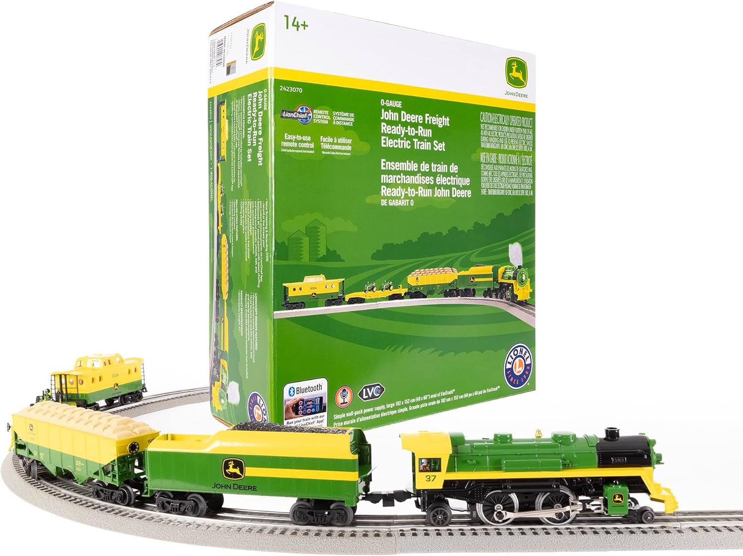 Lionel John Deere Freight Lionchief 5.0 Electric O Gauge Train Set with Bluetooth Connectivity and Remote Control