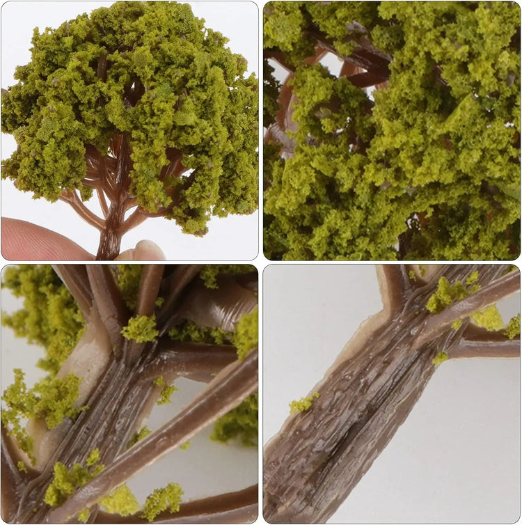 Miniature yellow landscape trees set by Angoily, 20-piece mixed model trees for N scale trains and fairy garden displays.