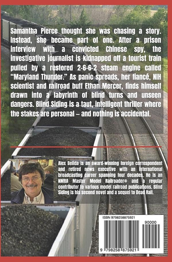 Thrilling book cover for "Blind Siding" by BYMRR Train Store, featuring Ethan Mercer and Samantha Pierce in a suspenseful scene.