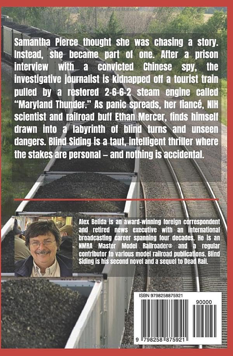 Thrilling book cover for "Blind Siding" by BYMRR Train Store, featuring Ethan Mercer and Samantha Pierce in a suspenseful scene.