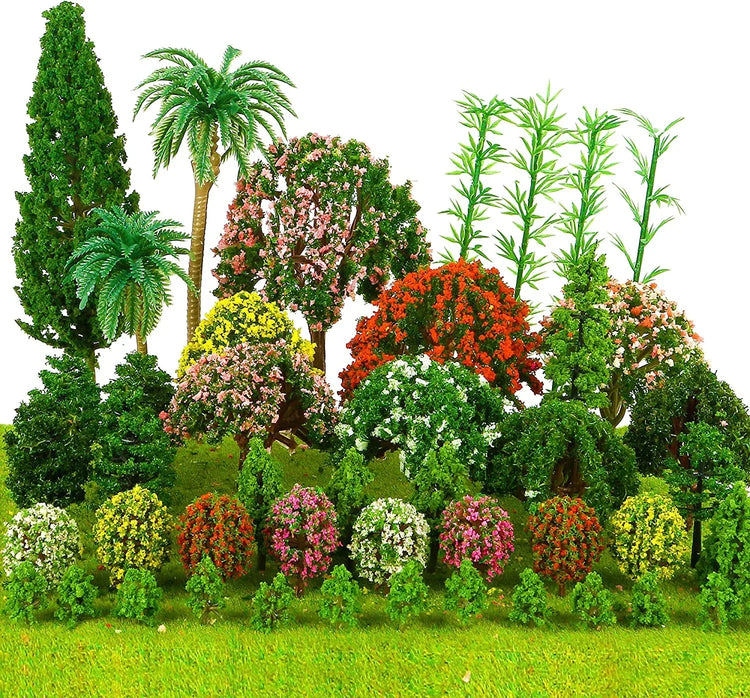 Assorted miniature artificial trees from MYUE, 60-piece set, for train scenery and diorama DIY crafts and model building.