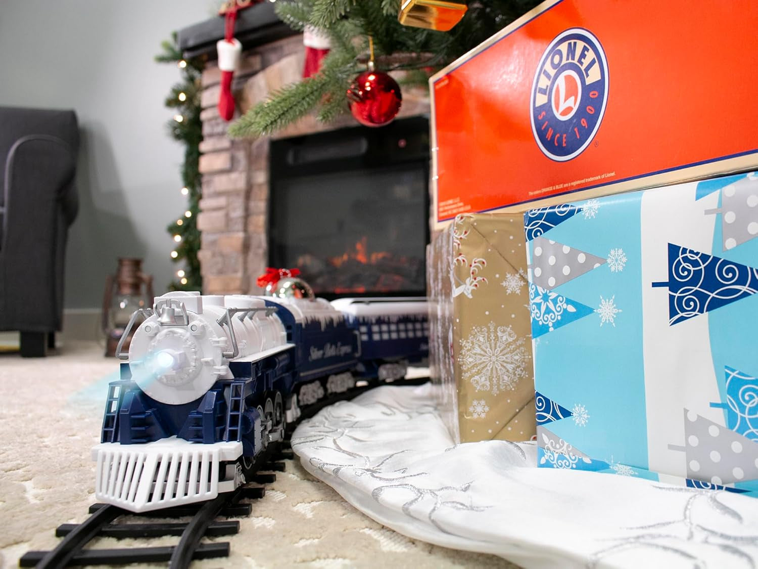 Lionel Silver Bells Express Battery-Operated Toy Train Set with Locomotive, Cars, Track, Remote Control, Authentic Sounds, and Lights for Children Ages 4 and Up