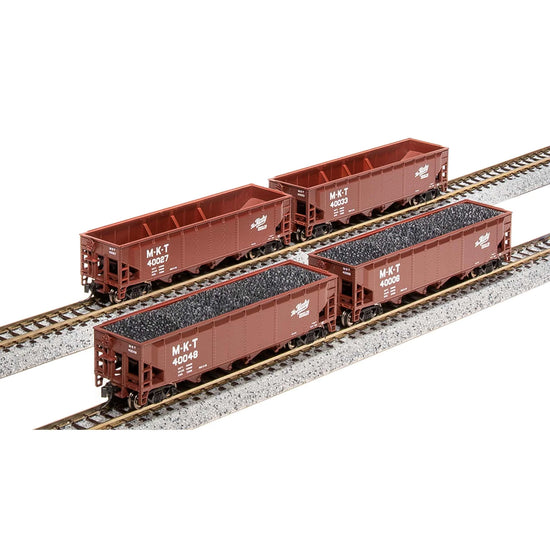 Four ATSF Fantasy paint N scale ARA 70-ton quad hopper cars by BLI7433 for model train rolling stock collection