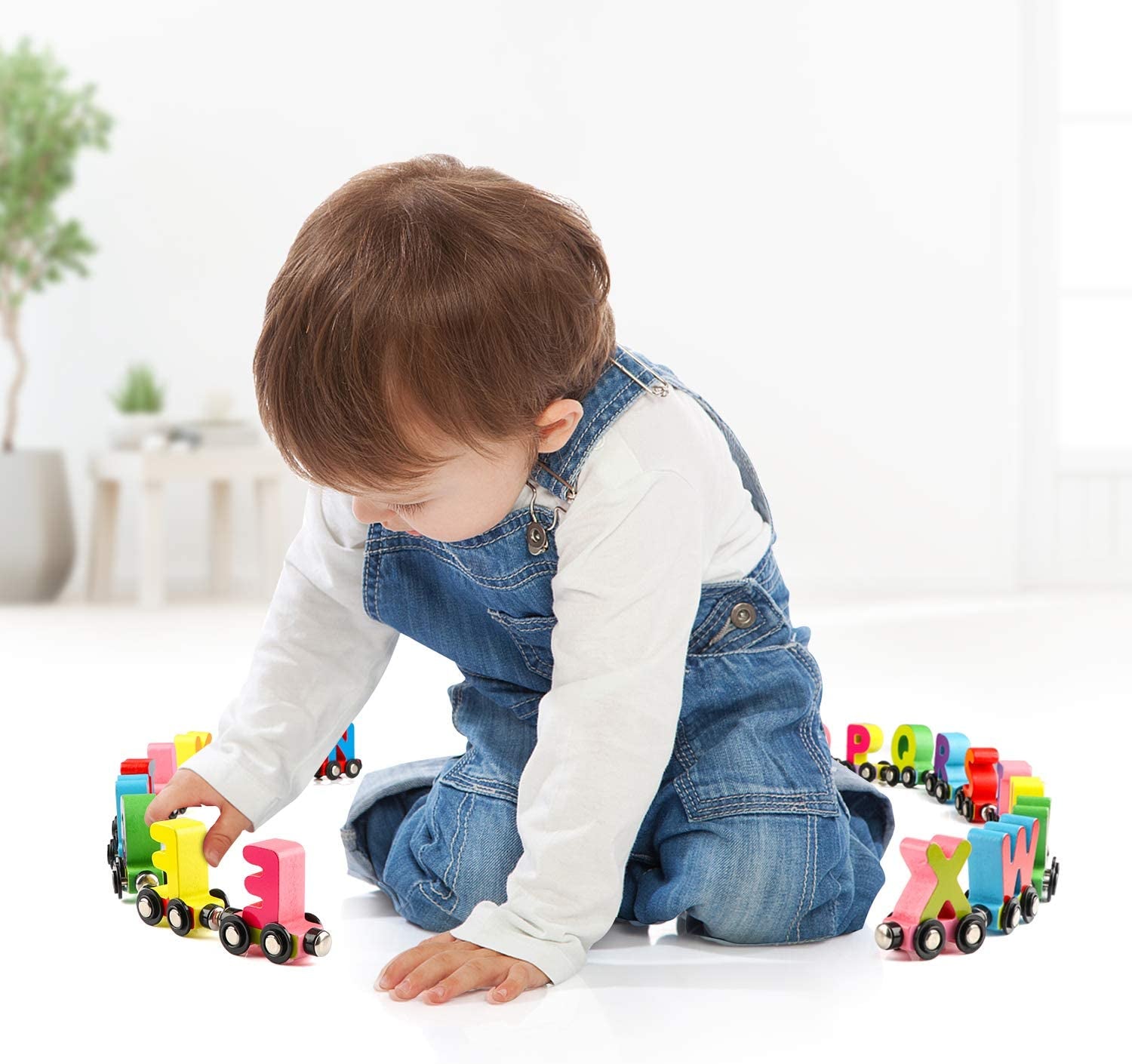 27 PCS Wooden Alphabet Train Toy - Wooden Magnetic Alphabet ABC Train Set Includes 1 Engine, Letter Cars for Toddlers Boys and Girls, Compatible with Major Brands Tracks