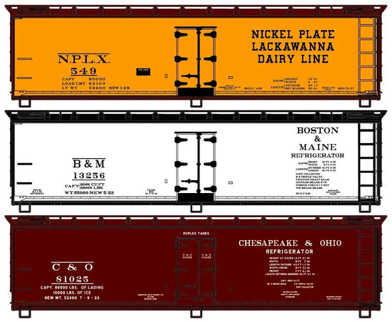Accurail Inc Wood Reefer 3-Car Set with NKP, B&M, and C&O markings, detailed model train cars on display.