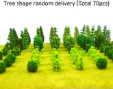 Miniature MOMOONNON 70-piece artificial tree set for train scenery, dioramas, and model railroad landscaping.