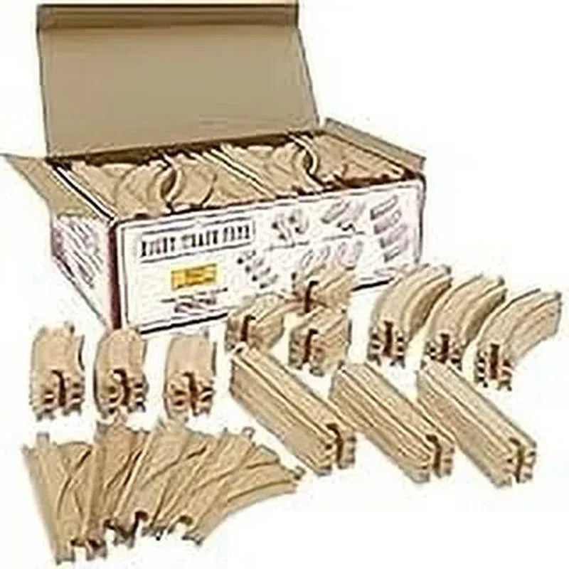 Wooden train track set with 52 pieces including curves, straights, and accessories for children’s toy train play.