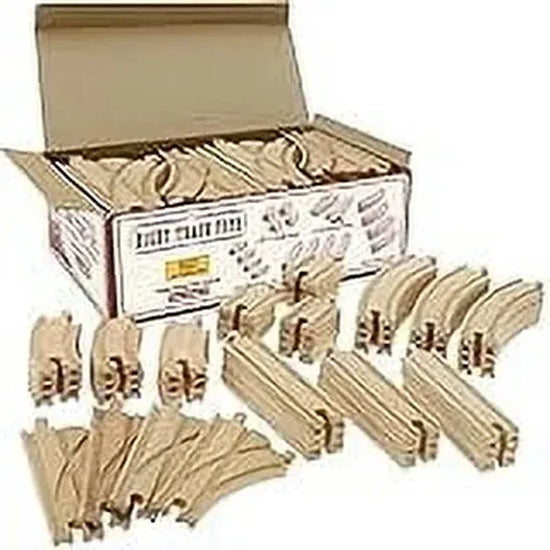 Wooden train track set with 52 pieces including curves, straights, and accessories for children’s toy train play.