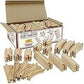 Wooden train track set with 52 pieces including curves, straights, and accessories for children’s toy train play.