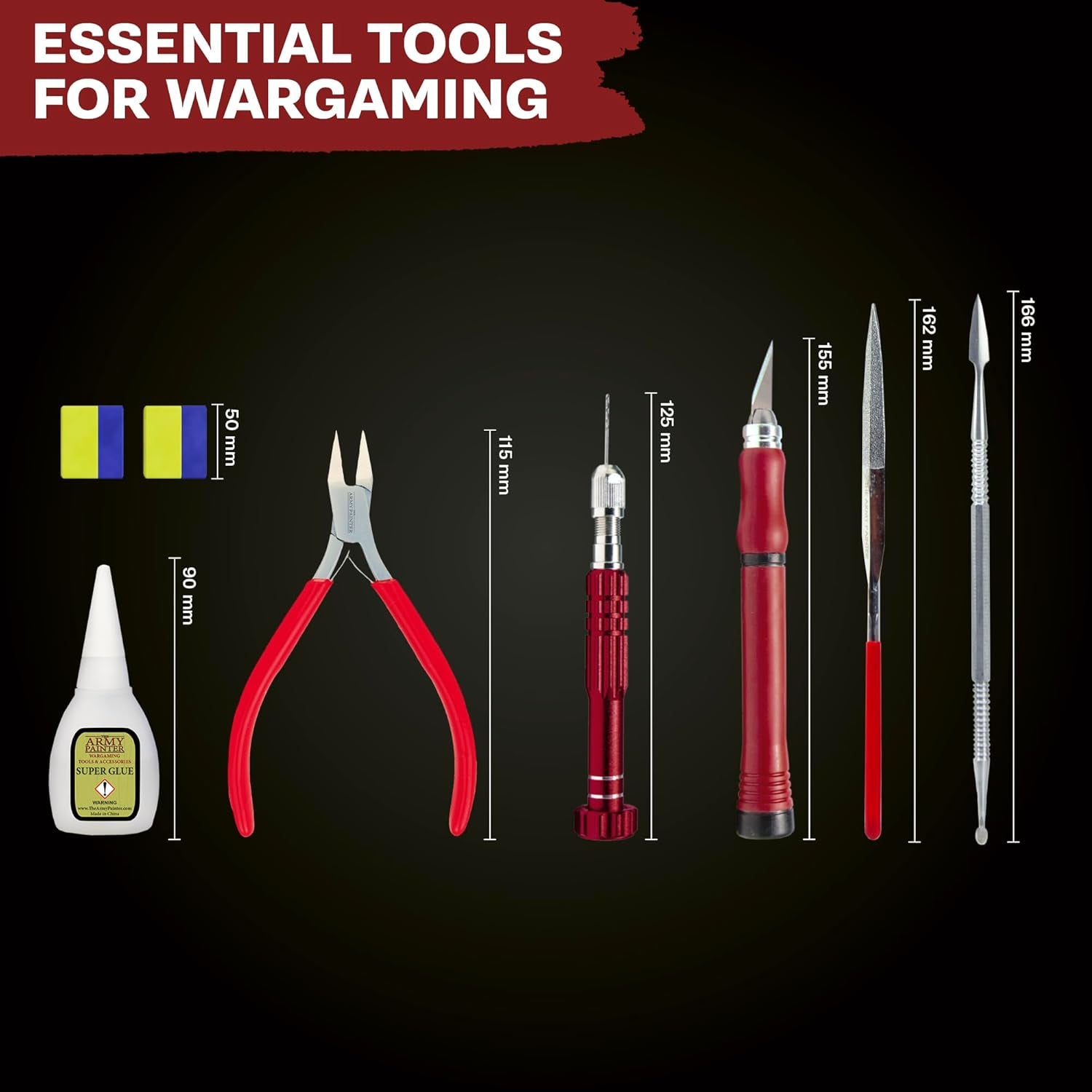 Comprehensive Hobby Tool Kit for Miniature Modeling: Includes Adhesive, Drill with Three Bits, Hobby Knife, Side Cutter, Sculpting Tool, and Green Stuff for Warhammer and Dungeons & Dragons in Plastic, Resin, and Metal