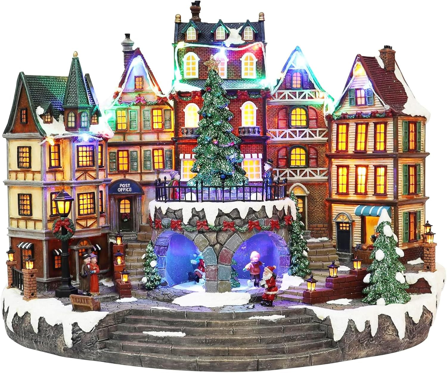 Animated City Hall Village with Rotating Tree & Music
