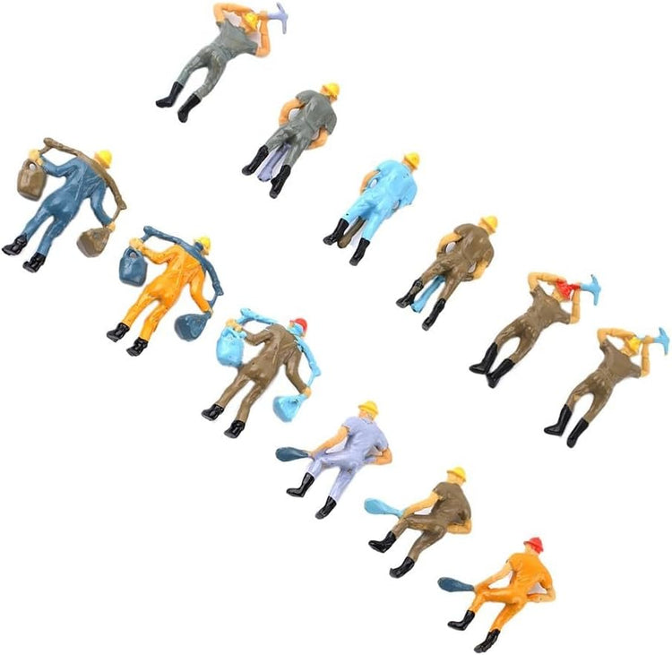 Set of 12 painted O scale 1:48 railway worker figures by BYMRR Train Store, with four different poses for model train layouts.