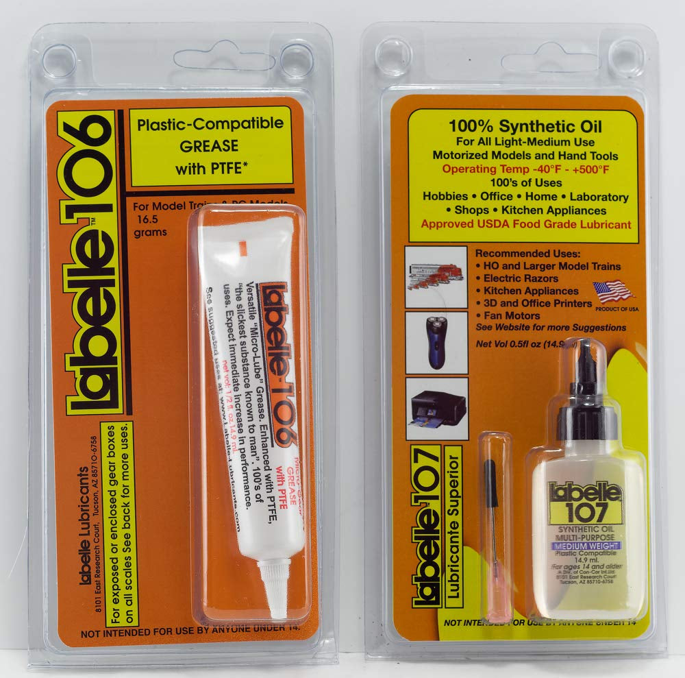 2-Pack Labelle 106 & 107 PTFE Lubricant for Oil and Grease – Compatible with HO and Larger Model Trains Including Athearn, Atlas, Bachmann, Kato, Lionel, MTH, Rivarossi, LGB, USA Trains, Rapido, and More