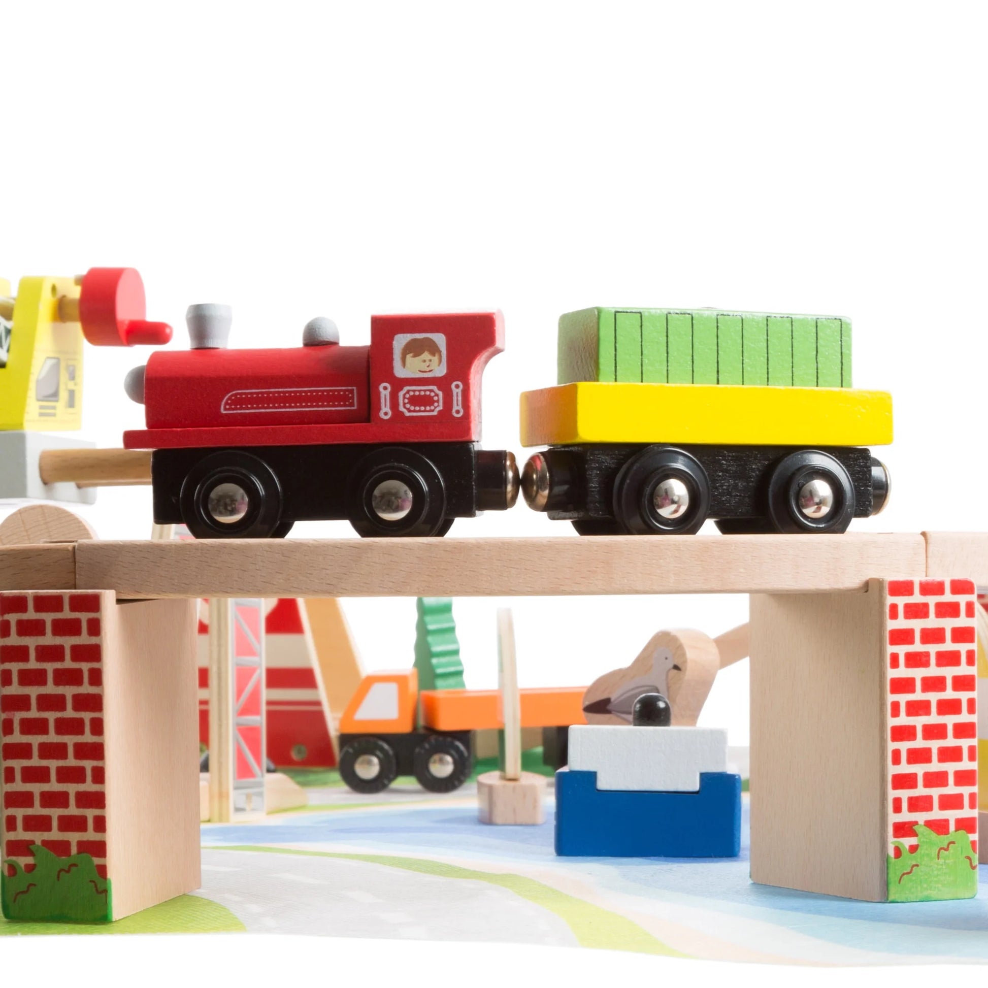 75-Piece Wooden Train Set Including Wood Tracks, Trains, Cars, Boats, and Accessories by