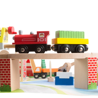 75-Piece Wooden Train Set Including Wood Tracks, Trains, Cars, Boats, and Accessories by