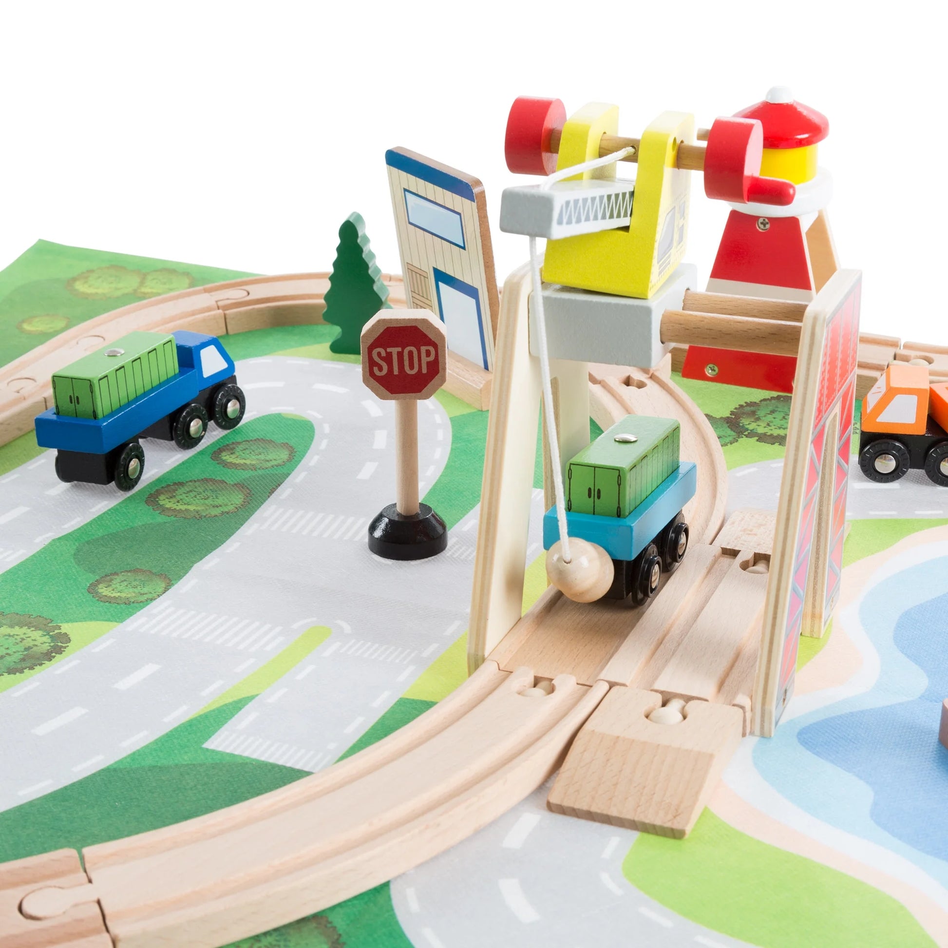 75-Piece Wooden Train Set Including Wood Tracks, Trains, Cars, Boats, and Accessories by