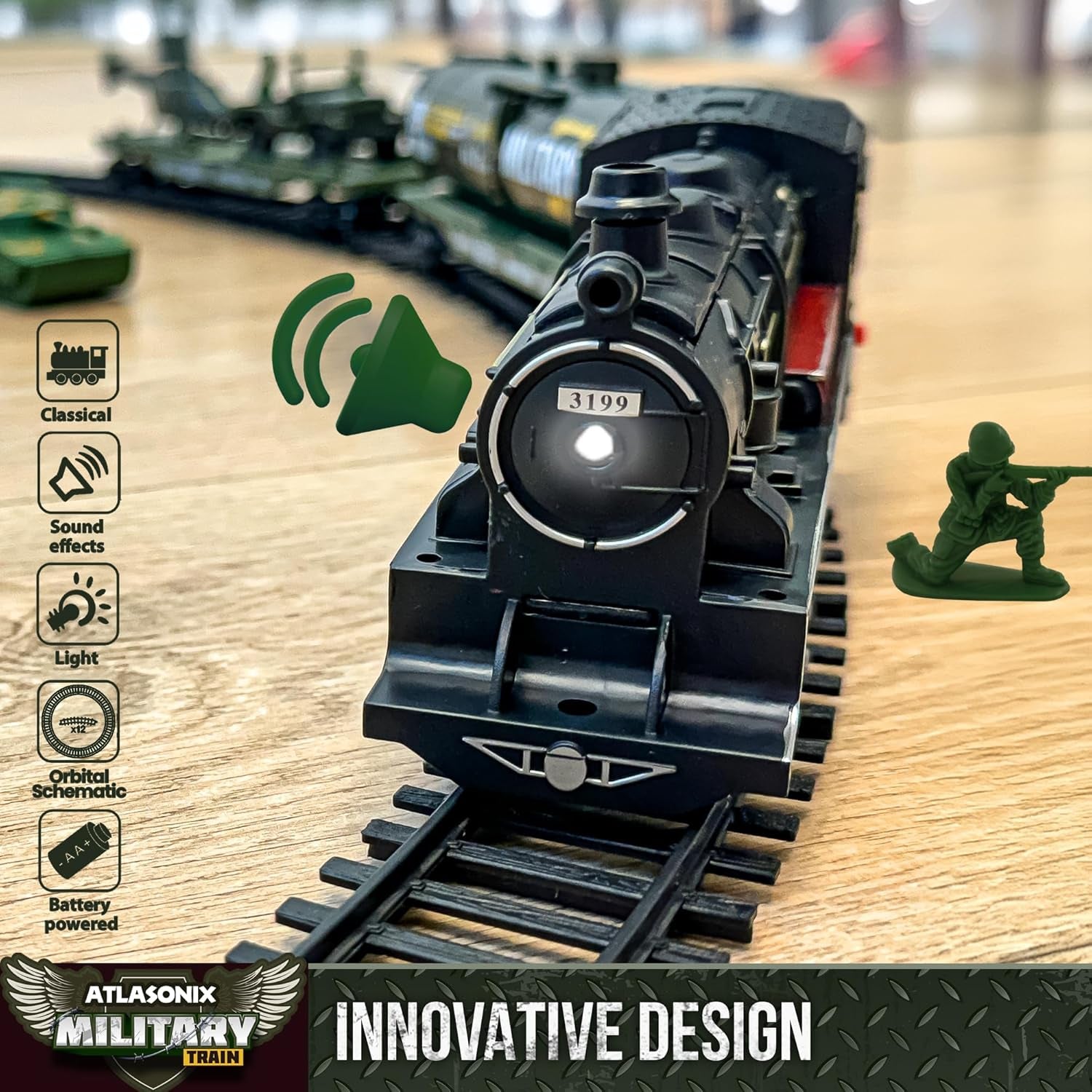 USA Electric Express Train Set for Children Ages 4-8 - Military-Themed Polar Train Model with Helicopter, Tank, Soldiers, and Tracks - Ideal Birthday Gift for Boys Ages 2-4