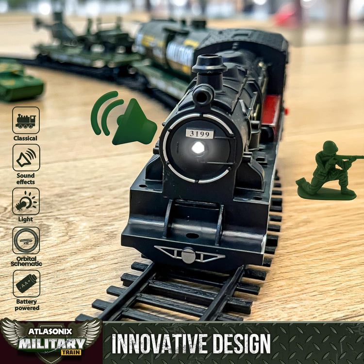 USA Electric Express Train Set for Children Ages 4-8 - Military-Themed Polar Train Model with Helicopter, Tank, Soldiers, and Tracks - Ideal Birthday Gift for Boys Ages 2-4