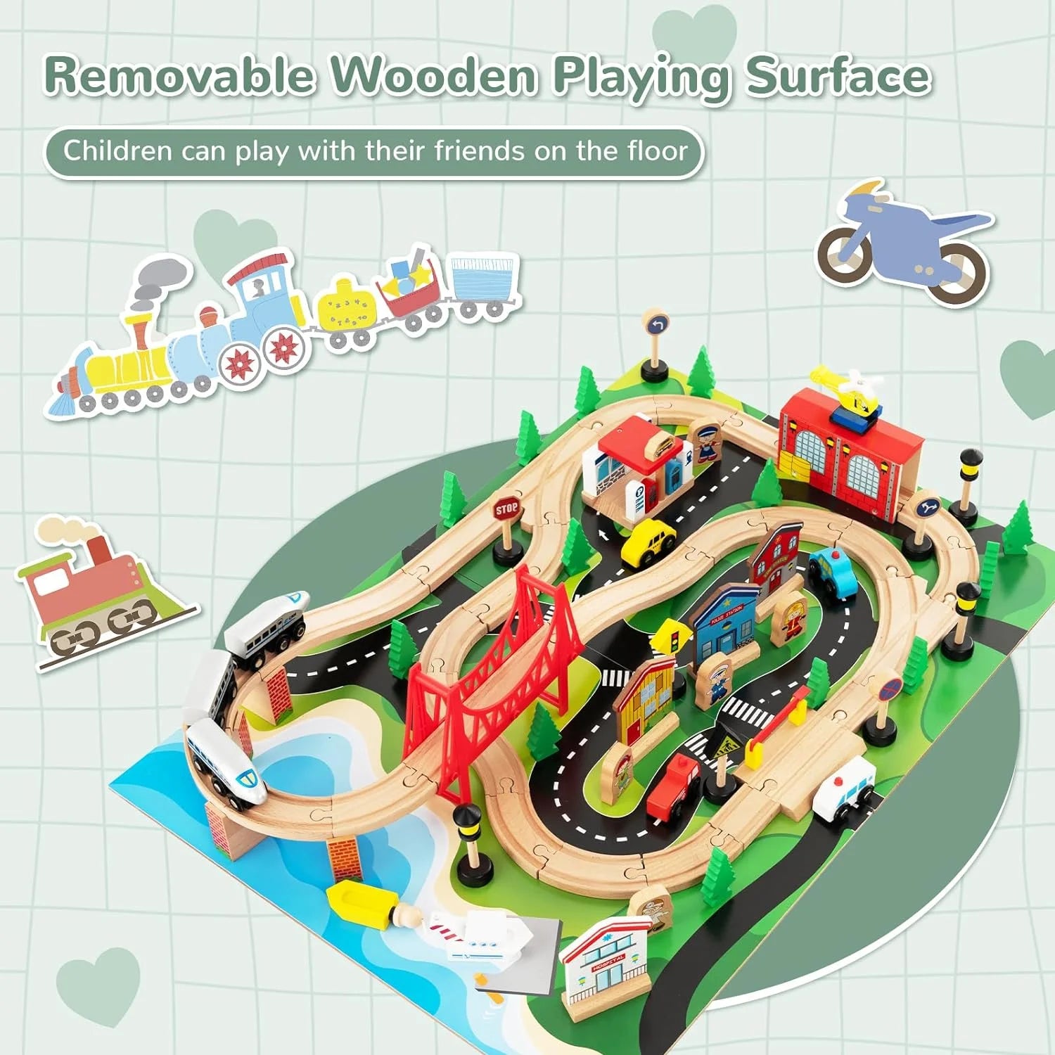 Train Table, 80 Pieces Wooden Kids Activity Toy Table Playset with Reversible Detachable Tabletop, Tracks, Train, Railway, City, Gift for Toddler Boys Girls Ages 3+