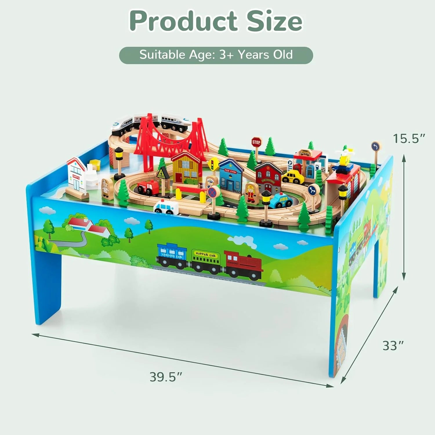 Train Table, 80 Pieces Wooden Kids Activity Toy Table Playset with Reversible Detachable Tabletop, Tracks, Train, Railway, City, Gift for Toddler Boys Girls Ages 3+