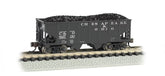 N scale Bachmann Chesapeake and Ohio USRA 55-ton 2-bay hopper car with black and red detailing, detailed model for model railroads.
