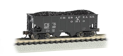N scale Bachmann Chesapeake and Ohio USRA 55-ton 2-bay hopper car with black and red detailing, detailed model for model railroads.