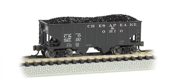 N scale Bachmann Chesapeake and Ohio USRA 55-ton 2-bay hopper car with black and red detailing, detailed model for model railroads.