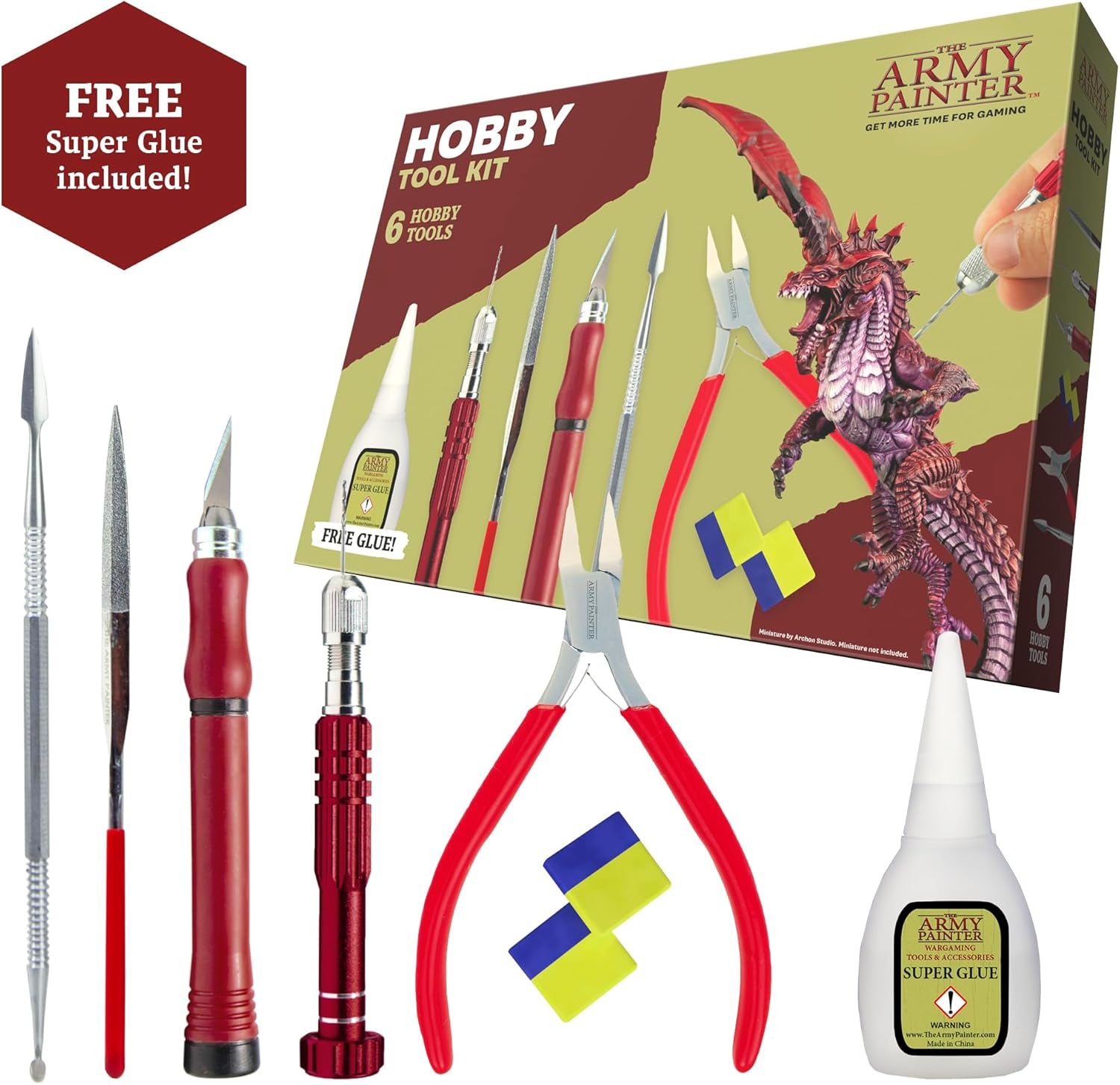 Comprehensive Hobby Tool Kit for Miniature Modeling: Includes Adhesive, Drill with Three Bits, Hobby Knife, Side Cutter, Sculpting Tool, and Green Stuff for Warhammer and Dungeons & Dragons in Plastic, Resin, and Metal