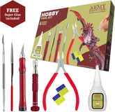 Comprehensive Hobby Tool Kit for Miniature Modeling: Includes Adhesive, Drill with Three Bits, Hobby Knife, Side Cutter, Sculpting Tool, and Green Stuff for Warhammer and Dungeons & Dragons in Plastic, Resin, and Metal
