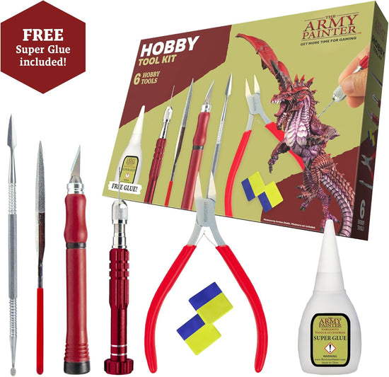Comprehensive Hobby Tool Kit for Miniature Modeling: Includes Adhesive, Drill with Three Bits, Hobby Knife, Side Cutter, Sculpting Tool, and Green Stuff for Warhammer and Dungeons & Dragons in Plastic, Resin, and Metal