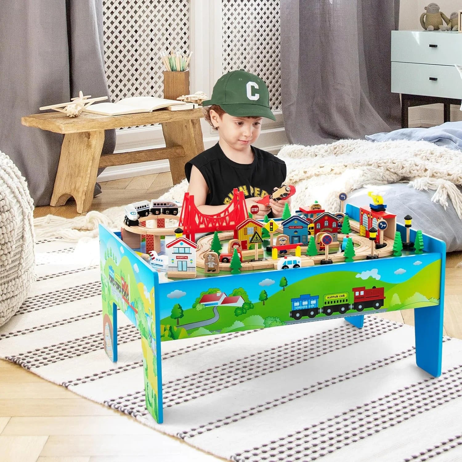 Train Table, 80 Pieces Wooden Kids Activity Toy Table Playset with Reversible Detachable Tabletop, Tracks, Train, Railway, City, Gift for Toddler Boys Girls Ages 3+