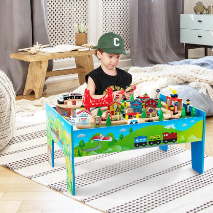 Train Table, 80 Pieces Wooden Kids Activity Toy Table Playset with Reversible Detachable Tabletop, Tracks, Train, Railway, City, Gift for Toddler Boys Girls Ages 3+
