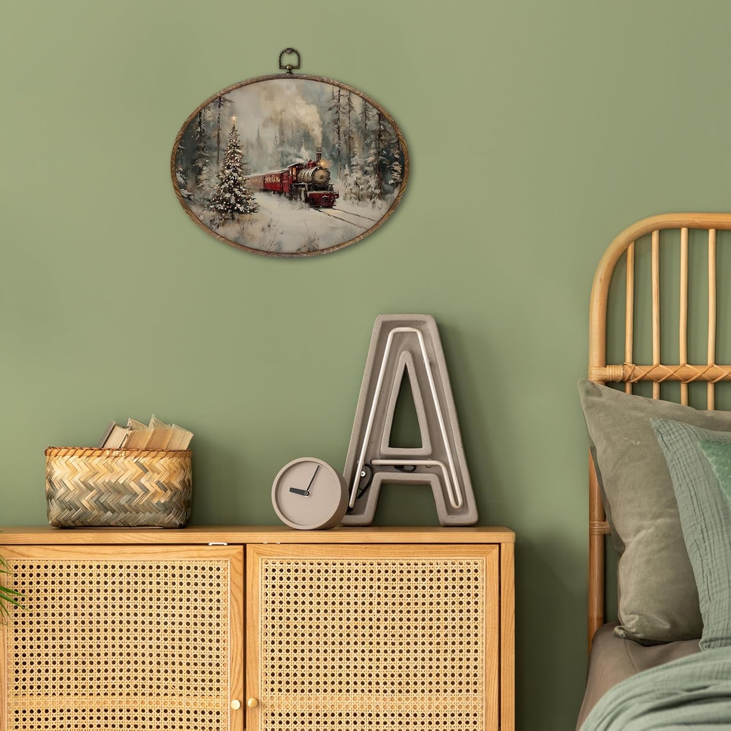 XNXLDYLH Vintage Christmas Train Tree Oval Framed Wall Art Decor, Rustic Christmas Train Scene Hanging Wall Decor Decorations, Winter Scene Farmhouse Canvas Prints Art Paintings for Home, 11.5X8.5Inch