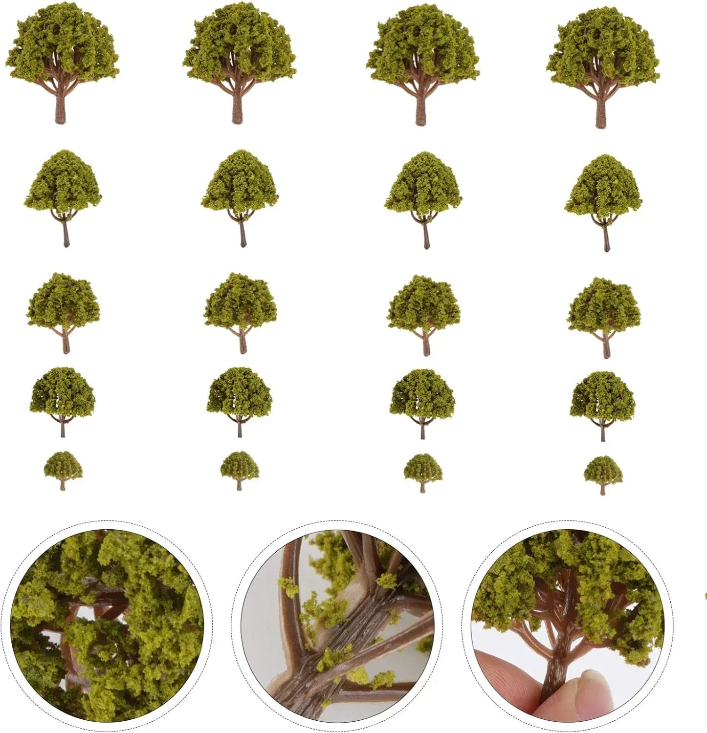 Angoily 20-piece miniature model trees set with yellow landscape props for N scale train layouts and fairy gardens.