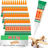 Three bottles of WOUSEDO 3G clear cyanoacrylate adhesive for wood, rubber, leather, plastic, metal, and craft projects.