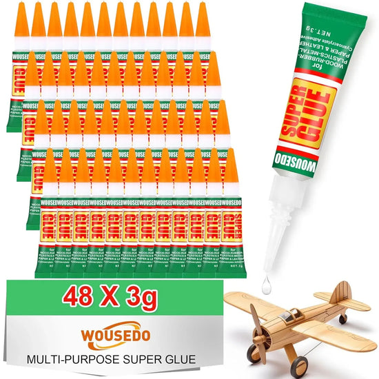 Three bottles of WOUSEDO 3G clear cyanoacrylate adhesive for wood, rubber, leather, plastic, metal, and craft projects.
